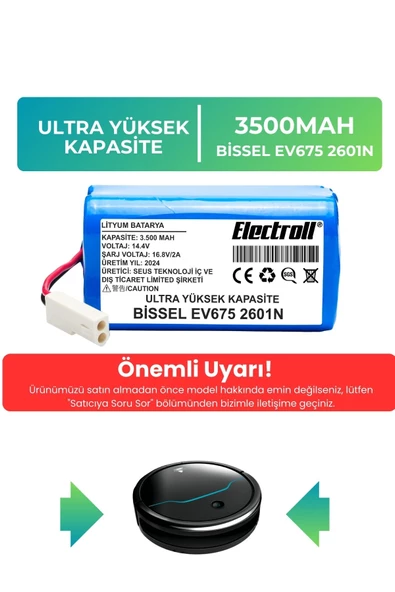 Bissell Ev675 2601N Uyumlu Robot Süpürge Bataryası (ULTRA YÜKSEK KAPASİTE) 3500mAh