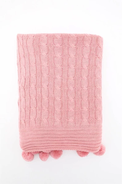 Biocotton Triko Ponponlu Örgü Tv Battaniyesi - Pudra - 4
