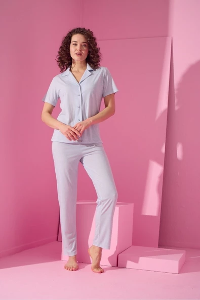 Kadın Önden Düğmeli Altı Uzun Çizgili Mavi Pijama Takımı - 2