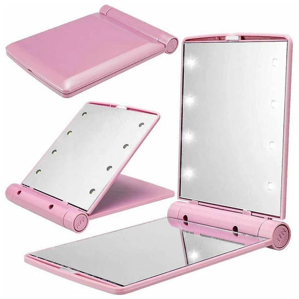 Monozone Katlanır Mini Işıklı Makyaj Aynası Cep Çanta Aynası 8 LED Pilli(23A 12V Pil Dahildir) Pembe - 4