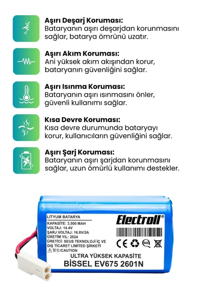 Bissell Ev675 2601N Uyumlu Robot Süpürge Bataryası (ULTRA YÜKSEK KAPASİTE) 3500mAh - 3