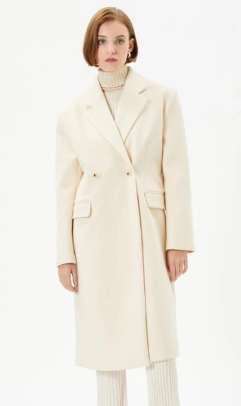 Koton Kadın 44 Beden Ekru Oversize Kaşe Kaban Kapaklı Cepli Düğmeli - 3