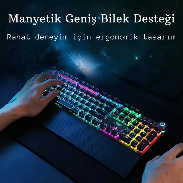 Monozone Mekanik Klavye Mouse Seti Kablolu Klavye 2.4G Mouse RGB Bilek Desteği Daktilo Klavye Retro - 2