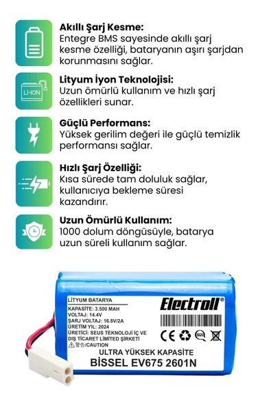 Bissell Ev675 2601N Uyumlu Robot Süpürge Bataryası (ULTRA YÜKSEK KAPASİTE) 3500mAh - 2