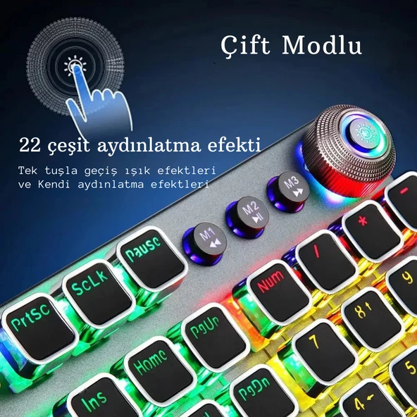 Monozone Mekanik Klavye Mouse Seti Kablolu Klavye 2.4G Mouse RGB Bilek Desteği Daktilo Klavye Retro - 7