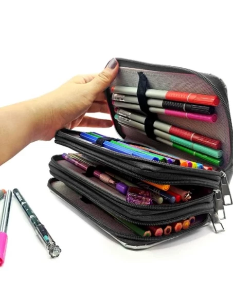 Kalem Kutusu Black Pink Blink Organizer Kalemkutu Vegan Deri Üç Bölmeli Kalemlik - Siyah - Resim 4