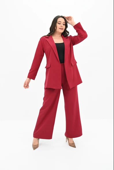 Kadın Büyük Beden Geniş Paça Ceket Pantolon Takım 9008-25 - 10