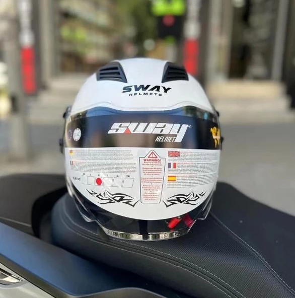 Sway 766 Geko Güneş Gözlüklü Yarım Motosiklet Kaskı 2XL Beden Gloss White - Resim 4