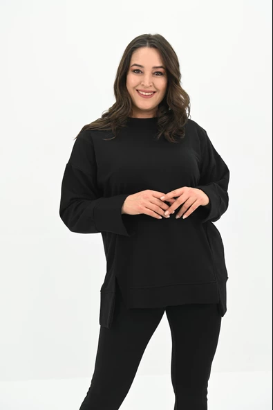 Kadın Büyük Beden Oversize Yırtmaç Detaylı Sweatshirt 1865-25 - 2