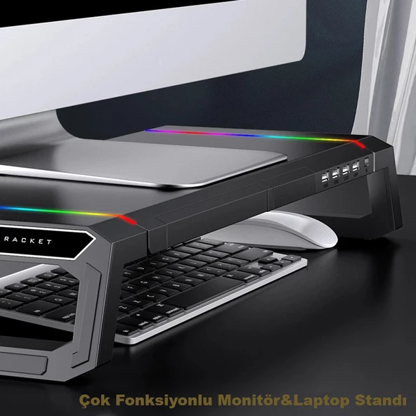 Monozone Bilgisayar Monitör Yükseltici Laptop Sehpası RGB 4 USB Hub Yükseklik Ayarlı Monitör Standı - 6