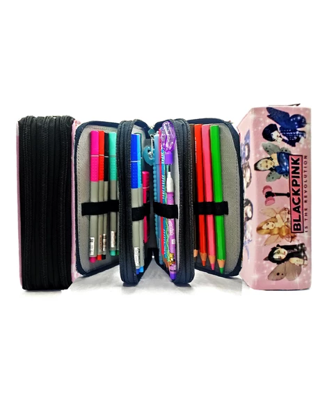 Kalem Kutusu Black Pink Blink Organizer Kalemkutu Vegan Deri Üç Bölmeli Kalemlik - Siyah - Resim 5