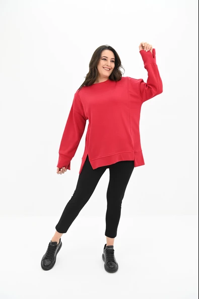 Kadın Büyük Beden Oversize Yırtmaç Detaylı Sweatshirt 1865-25 - 9