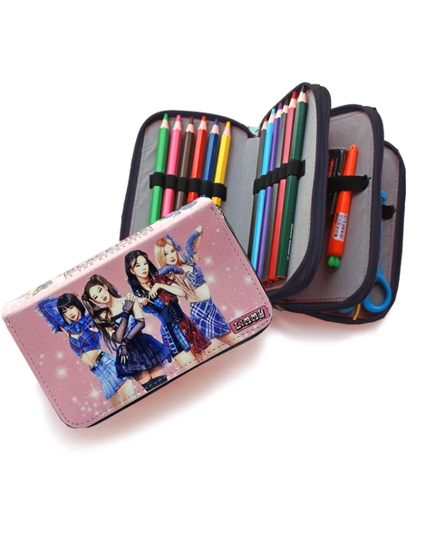 Kalem Kutusu Black Pink Blink Organizer Kalemkutu Vegan Deri Üç Bölmeli Kalemlik - Siyah - Resim 3