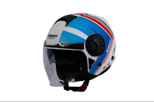 Sway 737 Şeffaf Vizörlü Güneş Gözlüklü Yarım Motosiklet Scooter Kaskı 2XL Beden Double With Blue Red - 6