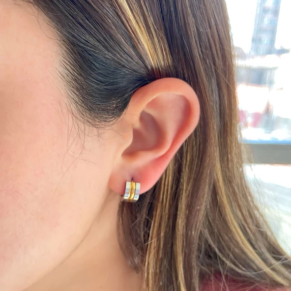 BZ Altın Kaplama Çift Renk Halka Küpe UNK-719 - 3