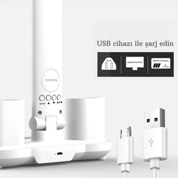 Monozone 5in1 Çok Fonksiyonlu Şarjlı Masa Lambası+Saat+Termometre+Takvim+Kalemlik+Telefon Tutucu - 6