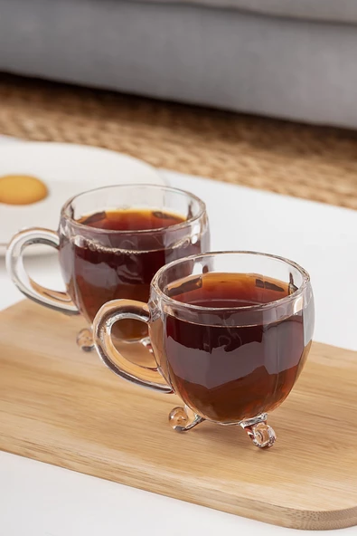 Porsima 15719 Ayaklı Kulplu Boncuk Desenli 4'lü Cam Bardak - Kulplu Çay Kahve Bardağı - 200 Cc - 2