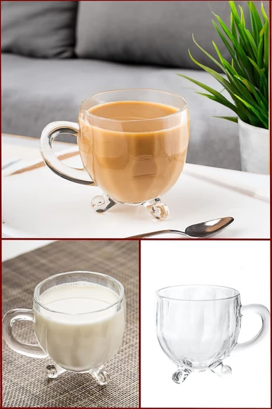 Porsima 15719 Ayaklı Kulplu Boncuk Desenli 4'lü Cam Bardak - Kulplu Çay Kahve Bardağı - 200 Cc - 4