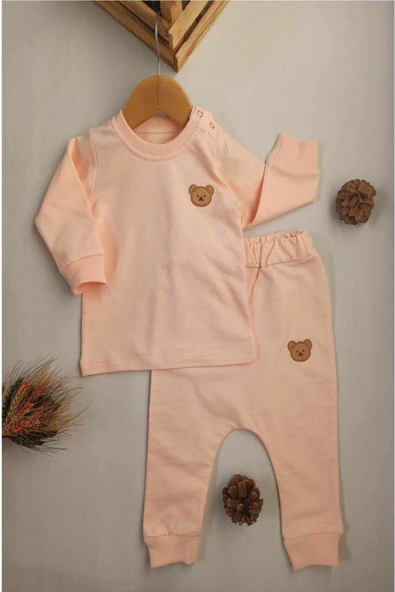 Diamondstar Ayı Aplikeli somon renk şalvar pantolonlu  Takım - 2