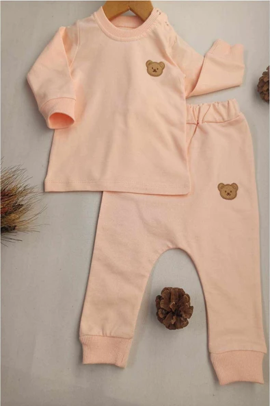 Diamondstar Ayı Aplikeli somon renk şalvar pantolonlu Sweat Takım 6/18 ay - 3