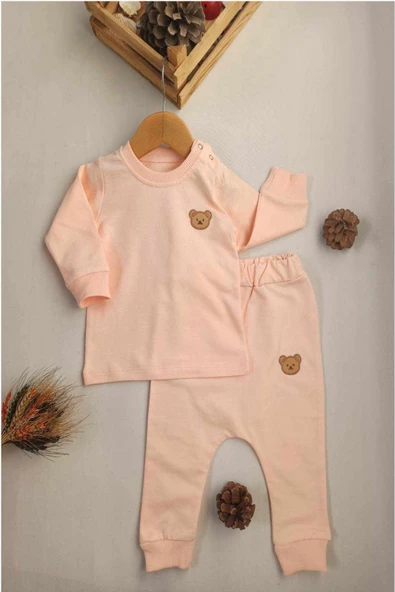 Diamondstar Ayı Aplikeli somon renk şalvar pantolonlu Sweat Takım 6/18 ay - 4