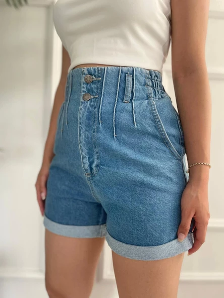 Kadın Plise Detaylı Mavi Kot Şort - 2