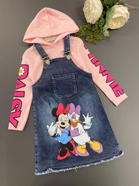 Minnie Desenli Badili Çantalı 2 Li  Kız Çocuk Ayarlanabilir Askılı Uzun Kollu Kot Jile