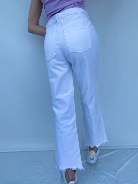 Kadın Dizi Ve Paçası Yırtıklı Beyaz Kot Pantolon - Resim 4