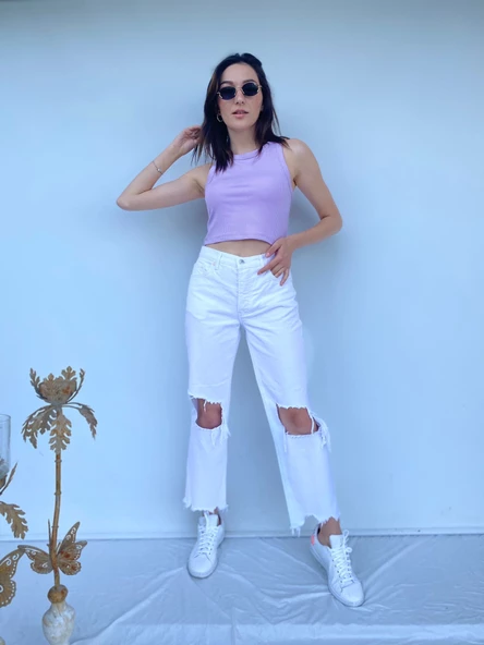 Kadın Dizi Ve Paçası Yırtıklı Beyaz Kot Pantolon - Resim 2