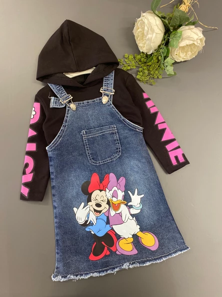 Minnie Desenli Badili Çantalı 2 Li  Kız Çocuk Ayarlanabilir Askılı Uzun Kollu Kot Jile