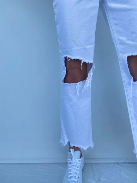 Kadın Dizi Ve Paçası Yırtıklı Beyaz Kot Pantolon - Resim 6
