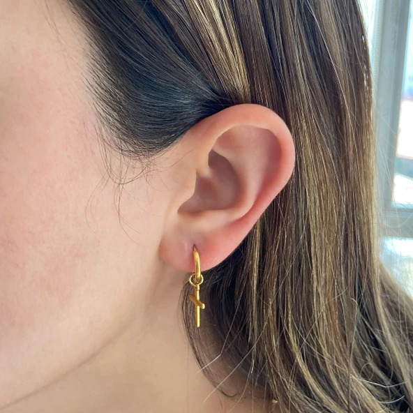 BZ Altın Kaplama Haç Model Sallantılı Halka Küpe UNK-692 - 3