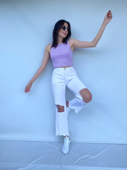 Kadın Dizi Ve Paçası Yırtıklı Beyaz Kot Pantolon - Resim 3