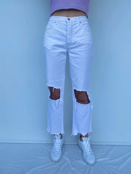 Kadın Dizi Ve Paçası Yırtıklı Beyaz Kot Pantolon - Resim 5