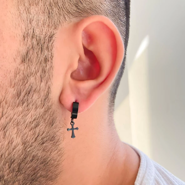 BZ 316L Çelik Siyah Haç Model Sallantılı Halka Küpe UNK-695 - 2