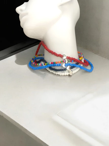 Mavi Kum Boncuk Unisex Kolye Kalp Detaylı Zarif Kum Boncuk Kolye - 3