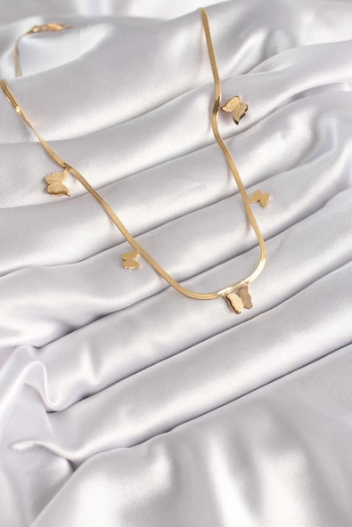 316L Çelik Gold Renk İtalyan Zincir Simli Kelebek Figür Kadın Kolye - TJ-BKO8439 - 2