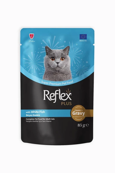 Plus Sos İçinde Et Parçacıklı Beyaz Balıklı Yetişkin Kedi Maması 85 gr