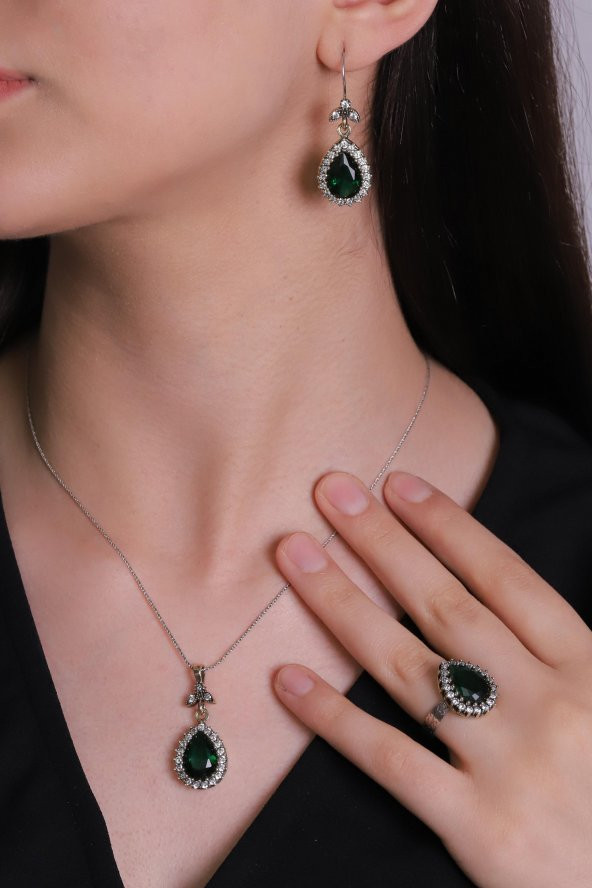 Yeşil Yeşim Zümrüt Taşlı Hürrem Sultan Damla Otantik Gümüş Üçlü Kadın Seti Ayarlanabilir Yüzük - 2