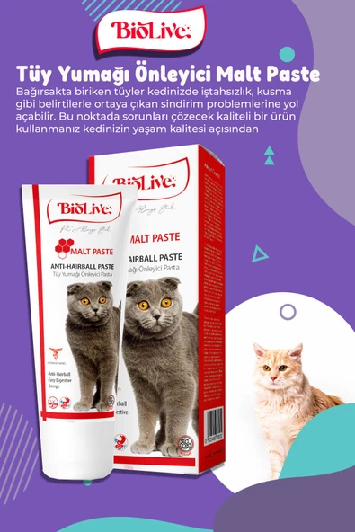 Biolive Kediler Için Anti-hairball Tüy Yumağı Önleyici Malt Paste 100gr