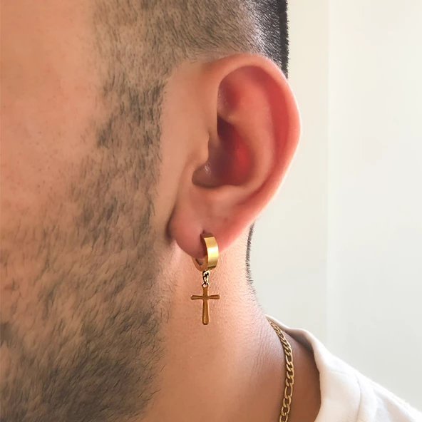 BZ Altın Kaplama Haç Modelli Sallantılı Küpe UNK-659 - 3