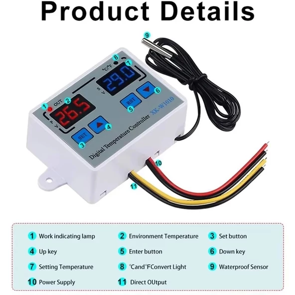 XK-W1010 Dijital Sıcaklık Kontrol Cihazı C/F 220V 10A Termostat Termometre - 6