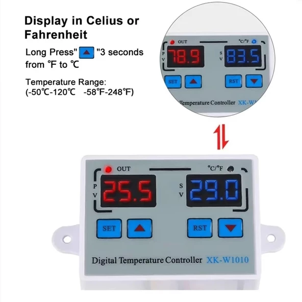 XK-W1010 Dijital Sıcaklık Kontrol Cihazı C/F 220V 10A Termostat Termometre - 3
