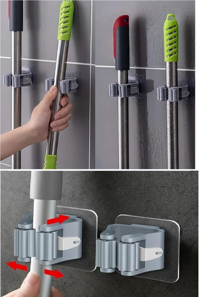 Periboia 3 Lü Renkli  Yapışkanlı Mop Fırça Çek pas Sap Tutucu Organizer Mutfak Banyo Düzenleyici