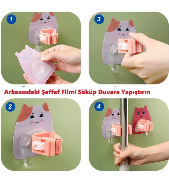 Periboia 4 Adet Karikatür Figürlü Yapışkanlı Süpürge Mop Fırça Sap Tutucu Delmesiz Mutfak Banyo Askı - 4