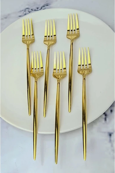 Periboia 6 Adet Lüx Şık Paslanmaz Çelik Gold Titanyum Kaplama Yemek Çatalı - 4