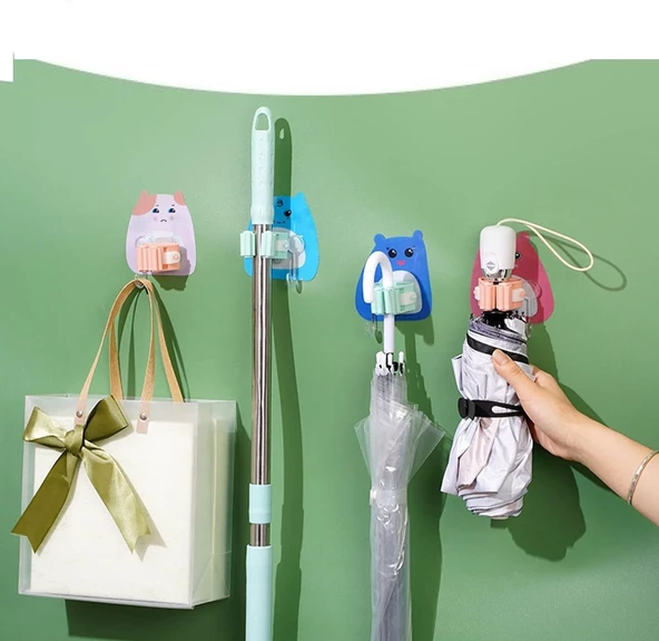 Periboia 4 Adet Karikatür Figürlü Yapışkanlı Süpürge Mop Fırça Sap Tutucu Delmesiz Mutfak Banyo Askı - 3