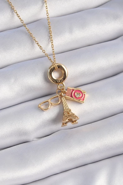 316L Çelik Gold Renk Eyfel Kulesi Fotoğraf Makinesi Figür Charm Model Kadın Kolye - TJ-BKO9308