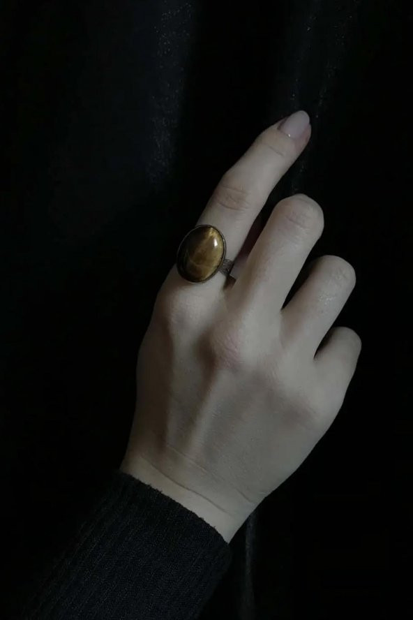 Asya Serisi Doğal Taşlı Kaplan Gözü Kahverengi Renkli El İşi Otantik Gümüş Kadın Yüzük Ayarlanabilir Ölçülü - 2