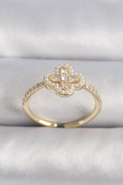 Pirinç Gold Renk Zirkon Taşlı Yonca Model İnci Detay Kadın Yüzük - TJ-BYK3494 - 1